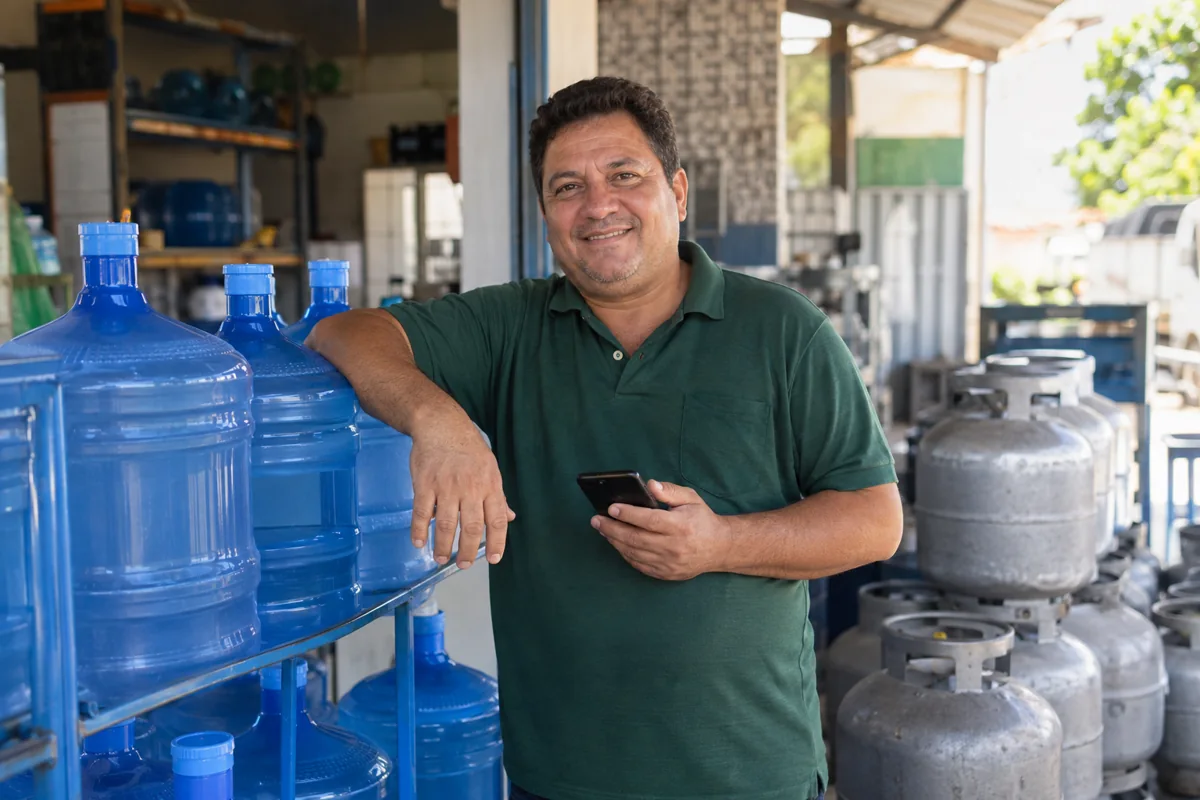 Comerciante em um depósito de água e gás, com celular na mão